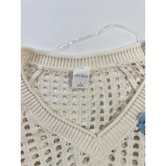 Wild Fable Womens S  Knit Floral Embellished Sweater White Multicolor Cotton Ble - Picture 5 of 7